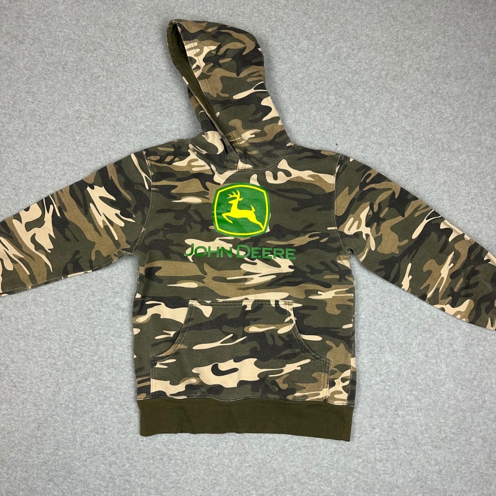 John Deere Boys Camo Hoodie Woodland Logo Sweatshirt Green Yellow M‎ 10/12